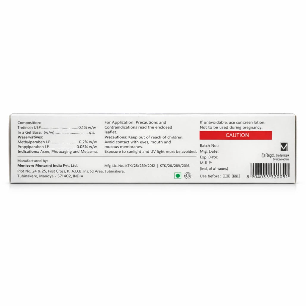 A-Ret Tretinoin Gel USP 0.1% w/w, 20g by Menarini for Acne Treatment